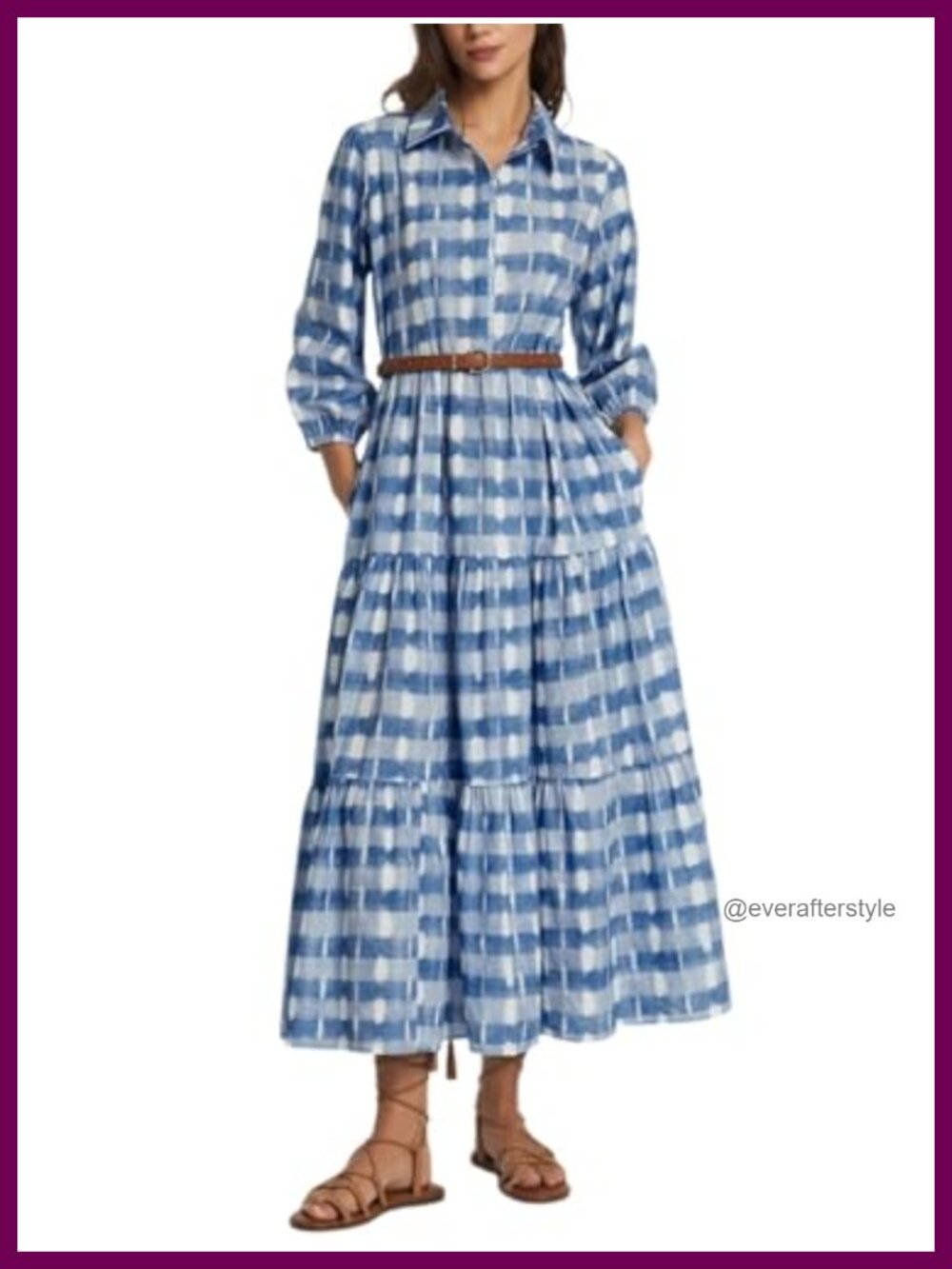 Women's 100% Cotton Gingham Maxi Dress Button Down Tiered Shirt Dress